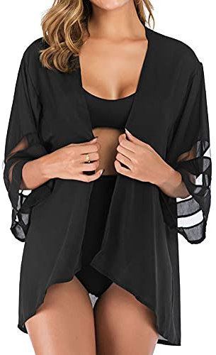 OUKIN Women Chiffon Kimono Cardigan Swim Beach Cover Up Boho Floral Print Bikini Cover-ups Blouse for Swimwear Beachwear (Black)