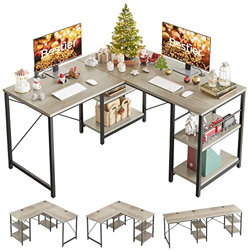 Bestier L-förmiger Schreibtisch mit Regalen Reversibel Eckschreibtisch 220CM Industrieller Langen Tisch Stabil Schreibtisch L Form Computer Workstation mit 3 Kabellöchern