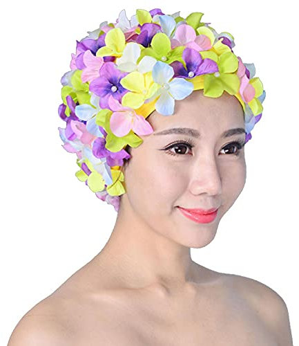 Faderr - Cuffia da nuoto da donna, stile retrò, traspirante, morbida, confortevole, floreale, stile classico, retrò, con petali di fiori 3D, fatto a mano, multicolore