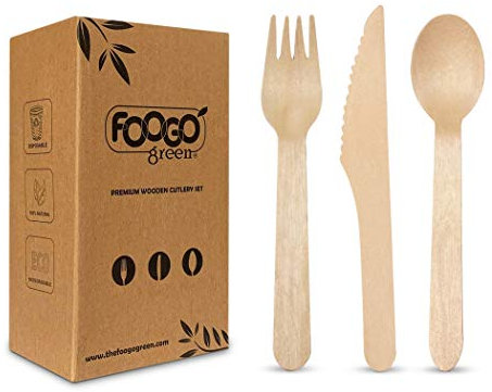 FOOGO Green 600pcs Disposable Wooden Cutlery Set, FSC® Certified, 200 x Forks 200 x Spoons 200 x Knives,16cm, Biodegradable Compostable, Eco Friendly Cutlery, Wedding Picnic, Like Bamboo Cutlery Set