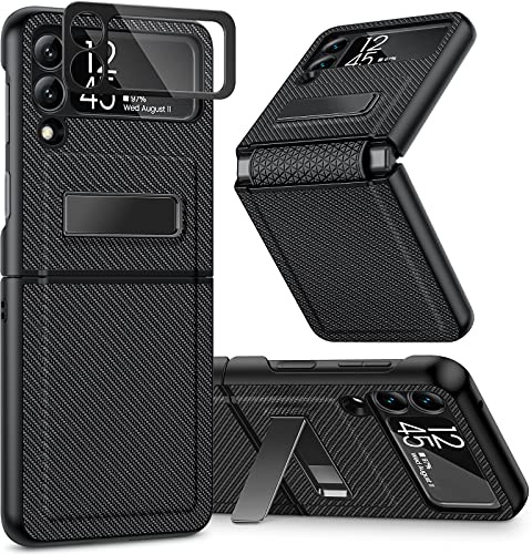 Caka Galaxy Z Flip 3 5G Kickstand Case, Carbon Fiber Black, Camera Protector, Hinge Protection, Wireless Charging Compatible