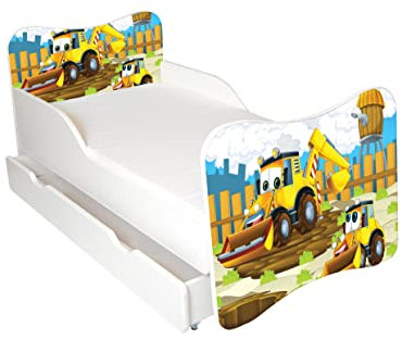 AS-TOR Kinderbett Jugendbett Wiki 80x160 mit Matratze und Schublade - Bett Schlafzimmer Kindermöbel Kinderbetten für Mädchen und Junge, Hochwertige Möbelplatte, Solide und Sicher, Bagger