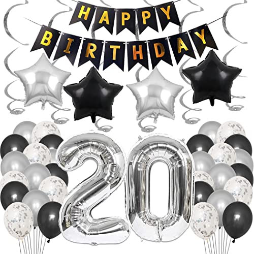Borsgye 20. Geburtstag Dekoration Set 20 Jahr Geburtstagsdeko Ballon Männer Junge Frauen Schwarz Happy Birthday Banner Folie Sterne Luftballons Konfetti Luftballons Silber Folienballon Zahl 20
