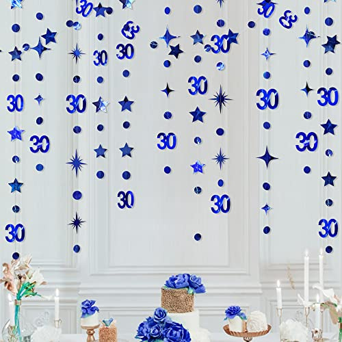 Navy Blue 30th Birthday Decorations Number 30 Circle Dot Twinkle Star Girlande Metallic Streamer Bunting Banner Backdrop for Her Happy Dirty 30 Year Old Birthday Thirty Anniversary Party Supplies