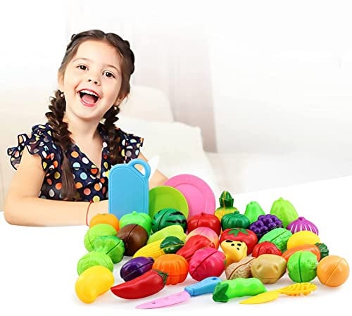 Koolbitz Pretend Play Fruit and Vegetable Cutting Toys Set with Kitchen Accessories with Child-Safe Knife and Tray Vibrant Color, Educational Toys for Kids Kids 41 Pieces