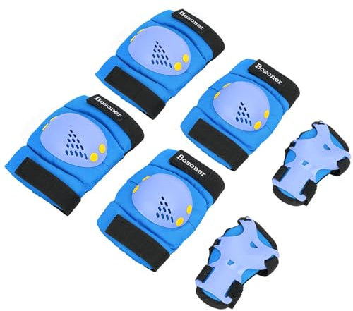 BOSONER Knieschoner Kinder Schoner Inliner Protektoren 6er Set Schützer Inliner Inline Skates Knie Und Ellenbogenschützer Schutzausrüstung Knieschützer Skateboard (13#Blau und Gelb, S (3-7 Jahre))
