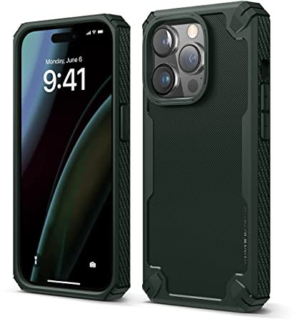 elago Armor Hülle Kompatibel mit iPhone 14 Pro Hülle (6.1), Fallschutz nach US-Militärstandard, Strapazierfähige Schutzhülle, Kohlefaserstruktur, Robustes Design, Stoßfestes Gehäuse (Dunkelgrün)
