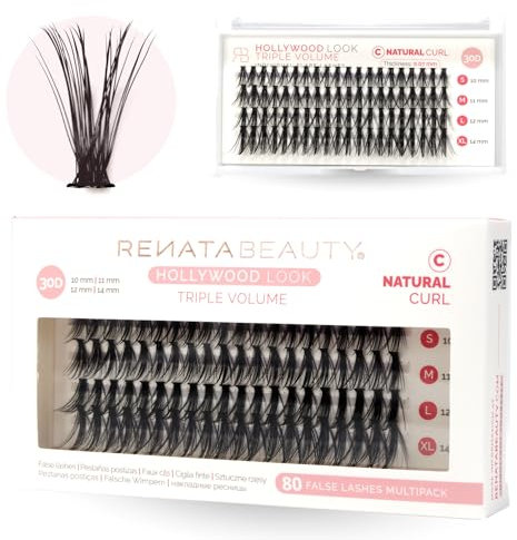Renata Beauty 30D TRIPLE Volume [C Curl] Extension Ciglia Finte Cluster – Confezione da 80 Pezzi da 10-14 mm di Ciglia Finte Singole – Aggiungi Intensità e Volume 3D – Banda Trasparente
