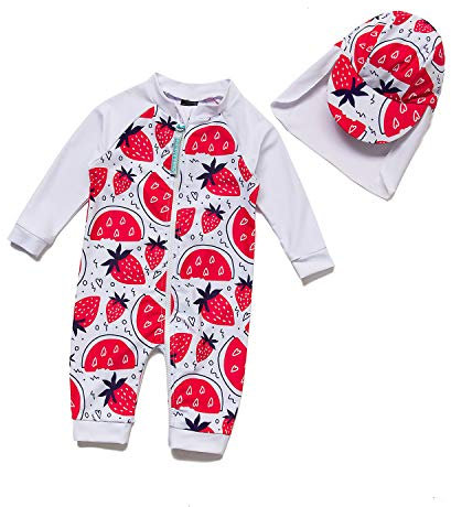 ADAVERANO Baby Mädchen Badebeklideung/Sonnenanzüge UV50+ In einem Stück Durchgehender Reißverschluss vorne mit Sonne Hut.(Wassermelone Erdbeere,74-80Cm)