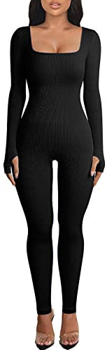 Menore Women's Yoga Jumpsuits Workout Ribbed Long Sleeve Soft Sports jumpsuits Square Neck Figure-Hugging One-Piece