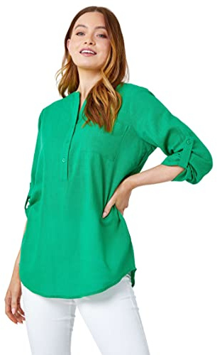 Roman Shirt for Women UK Ladies Top Collarless Blouse Stretchy Tunic Smart Casual Autumn Winter Jersey 3/4 Length Sleeve Notch V Neck Flattering Office Work - Plain Green - Size 10
