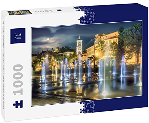 Lais Puzzle Schöner Springbrunnen auf dem Place Massena in Nizza bei Nacht. Frankreich 1000 Teile