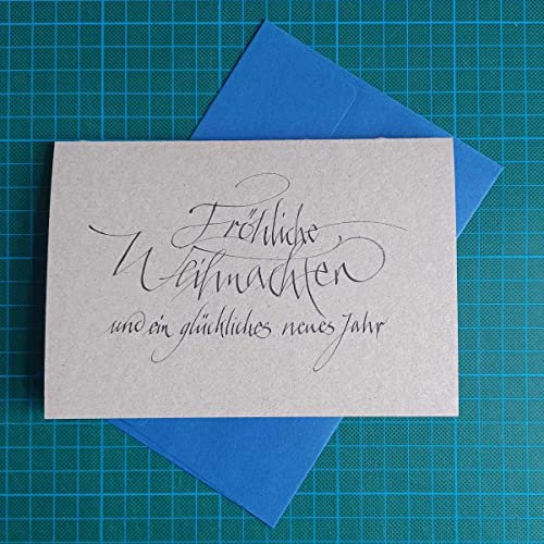 10 graue Recycling-Weihnachtskarten, Klappkarten mit blauen Recycling-Umschlägen, Kalligrafie von Anja Petry: Fröhliche Weihnachten