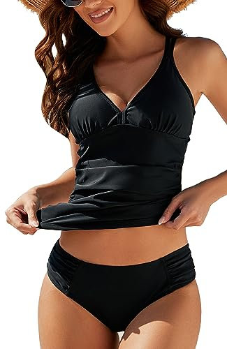 VILOREE Mode Damen Tankini Set Zweiteilige Bademode Badeanzug Nechholder Bauchweg Schwarz (N103) XL