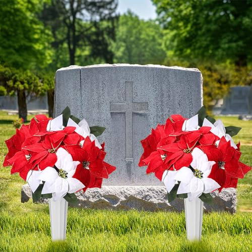 Yuxung 2 Sets Weihnachten Künstliche Friedhofsblumen mit Vase Rot und Weiß Gedenkblumen Blumenstrauß Grabdekorationen für Friedhof Grabblumen Grabstein Blumen Arrangements für Friedhof im Freien