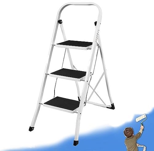 3 Step Ladder - Foldable Ladder with Handrail an Anti-Slip Mat, Portable Folding 3 Step Stool Stepladder for Home Office Kitchen, 330lbs Capacity