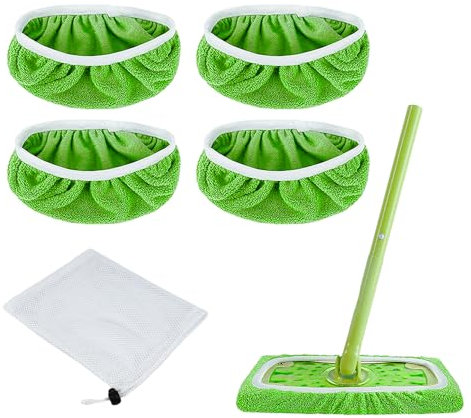 8 paños para escoba con 1 pieza de bolsa de red, paños para escoba reutilizables, paños para escoba húmedos y secos, paños lavables y compatibles (verde)