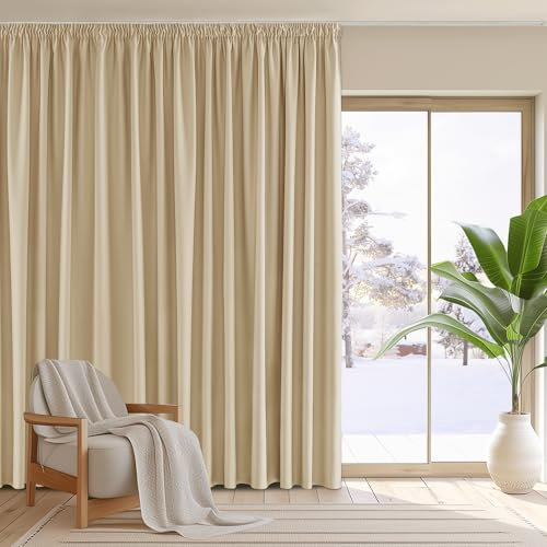 PONY DANCE Vorhänge Wohnzimmer mit Kräuselband Thermogardine Wärmeisolierend 1er Set Verdunkelungsvorhang für Schiene Extra Breite Gardinen Blickdicht, H 260 x B 300 cm, Biscotti Beige