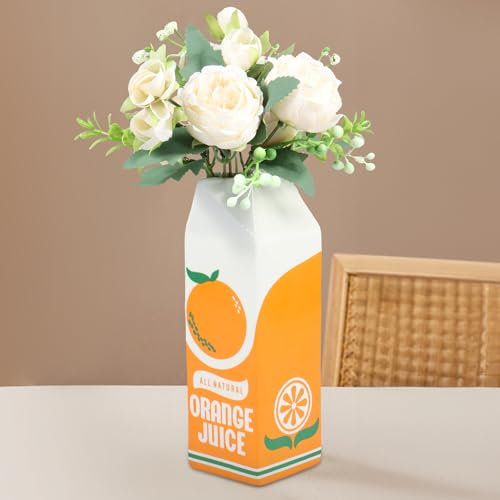 Fyeme Orangensaft Vintage Juice Box Vase süße kreative Blumenvasen Dekor süße Keramikvase -Mehrzweck -Dekorative Vase für Wohnzimmer Küche Blumen(Orangensaft)