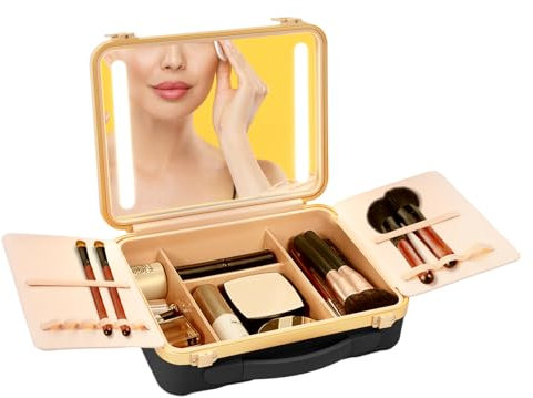 Make Up Tasche mit Beleuchtetem Spiegel, Kosmetiktasche Reise Makeup Tasche Kosmetikkoffer Schmucketui mit LED Licht, Reise Kosmetiktasche mit Schminkspiegel, 33 * 14 * 29 cm (Schwarz)