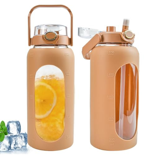 NAROSEBE Gourde en Verre 1,8 Litre/64 OZ, Bouteille d'Eau Sport Anti-fuite, Gourde pour Boire plus avec Paille, Bouteille d'Eau en Verre, Gourde Graduée sans BPA, pour Voyage Bureau Camping Stade