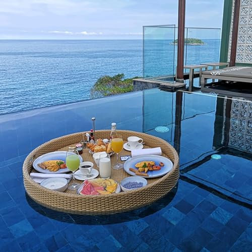 Getränke-Floats-Tablett für den Pool,handgefertigtes rundes Pool-Tablett,Rattan-gewebter Tabletttisch,extra großes schwimmendes Wasser-Serviertablett für Pool-Strandparty (Farbe: Beige,Größe