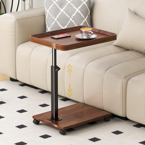 Beistelltisch Höhenverstellbar mit Rollen, Beistelltische c Form Couch, Beistelltisch Holz 360° Rotierend für Sofa Bett Wohnzimmer, laptopTisch Couchtisch auf Rollen Bett