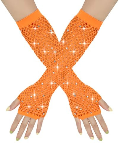 BrightGlow Netzhandschuhe Damen Lang Fischnetz Fingerlose Handschuhe Strass Mode Lang Netz Mesh Handschuhe Abendhandschuhe Opernhandschuhe für 80er Jahre Kostümparty Zubehör Orange Einheitsgröße