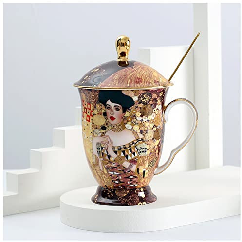 EUZLKDXU Mugs Et Tasses À Café Tasse à café avec Couvercle et cuillère osseuse Chine Pétrole Klimt Peinture Tasse à thé avec Couvercle Cadeau de Luxe Tasse À Café(Adela)