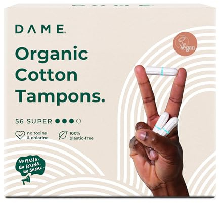 DAME – Toxin Free Tampons (56 Super) | 100% Organic Cotton & Natural Period Protection | Plastic-Free, Hypoallergenic, Sustainable | High Absorbency, Non-Applicator Tampons for Medium to Heavy Flow