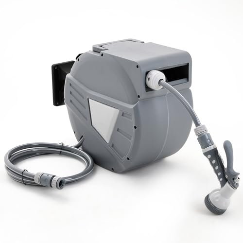 Warmiehomy Wall Mounted Garden Hose Reel 20+2M, Hose Pipe Reel with 10 Function Sprayer Nozzle for Plant Water/Pet Shower/Car Wash, Hose Pipe Reel with 180°Swivel Bracket & Auto Rewind System Design