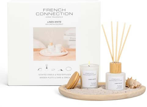French Connection Linen White Home Fragrance Gift Set | Scented Candle & Reed Diffuser with Wooden Plate & Sand | Luxury Aromatherapy Set | Coastal Sea Salt & Coconut (Small)