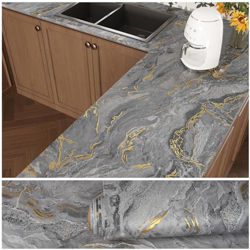 VEELIKE Marble Effect Wallpaper Black Matt Gold Marble Effect Adhesive Paper Grey Gold 40 cm × 300 cm Kitchen Splash Guard Washable Adhesive Film for Furniture Bathroom Living Room Removable