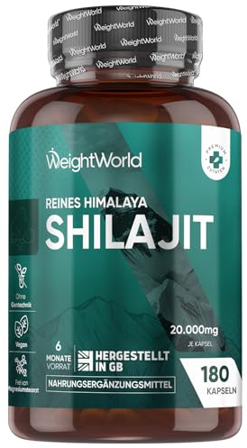 WeightWorld Reines Himalaya Mumijo Shilajit Kapseln - 20.000 mg pro Kapsel | 180 vegane Kapseln für 6 Monate Vorrat, Aus Himalaya Stein gewonnen, Shilajit Extrakt (40:1), Frei von Magnesiumstearat