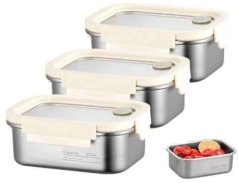 GOEDCH Set di 3 contenitori salvafreschezza in acciaio inox da 800 ml, contenitore per alimenti con coperchio, a prova di perdite, lavabili in lavastoviglie e adatti al forno, per cucina, ufficio