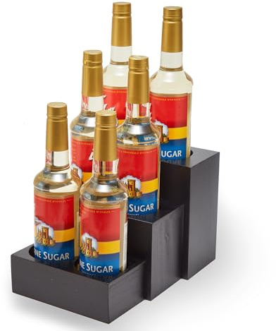 GOVOKOI Black Wood Coffee Syrup Rack Organizer, 3 Tier Syrup Bottle Holder for Coffee Bar, 6 Bottles(750ml) Storage Stand for Syrup, Wine, Dressing for Kitchen Coffee Station(3 Separate Pieces)