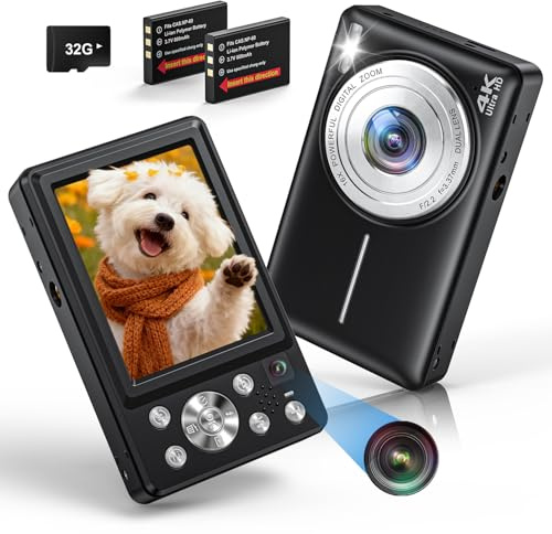 4K Digitalkamera 64MP Autofokus Dual-Kamera Fotokamera mit 32GB Karte, 16X Digitalzoom, Kompakte Fotoapparat Digitalkamera mit 2 Akkus für Anfänger Teenager