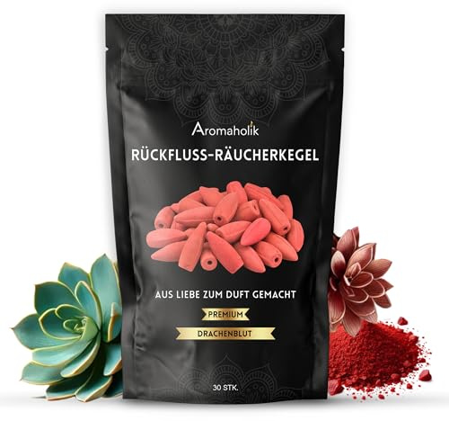 Räucherkegel Drachenblut 30 Stück Rückfluss – Backflow Duftkegel für Wasserfall-Räucherbrunnen, Drachenblut Räucherwerk zum Räuchern, für Rituale, Rauhnächte & Yoga, Aromaholik