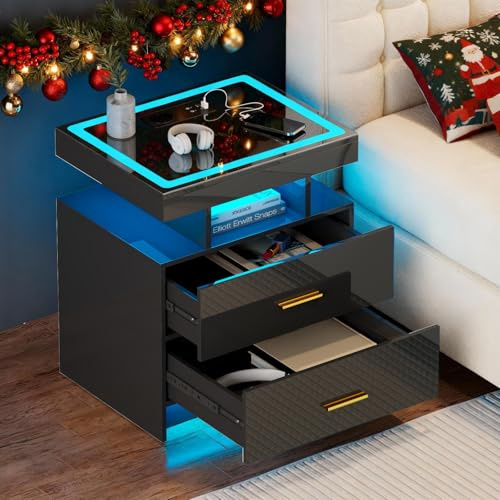 Gurexl LED Nachttisch mit Glasdach und Bewegungsmelder,Schwarz | Hochglänzender Nachtschrank mit Kabellosem Laden und Beleuchtung für Schlafzimmer,Nachttisch mit 2 Schubladen für Wohnzimmer