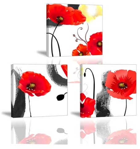 Piy Painting 3 Teilig Minimalistisch bilder mit rahmen, Rote Blumen wandbilder wohnzimmer, Wandbilder auf Leinwand bilder,poster,kunstdrucke Für Schlafzimmer Badezimmer Küche Wanddeko 30x30 cm