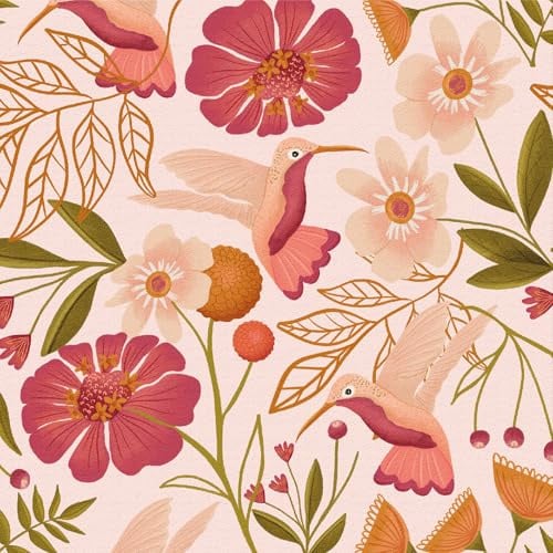 LZH-LP Selbstklebende Tapete, Rosa Blumen Vogel Wald Tier Pflanze Blume Abziehen und Aufkleben Kontaktpapier, 44x600CM Abstrakter Nahtloser Blumendruck Abziehbare Tapete Dekofolie