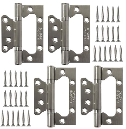 Door Hinges 4 Inch 4 Pcs Stainless Steel Flush Hinge Heavy Duty Ball Bearing Cupboard Hinge with 32 Pcs Screws for Gate, Windows, Closet, Drawer (Silver)