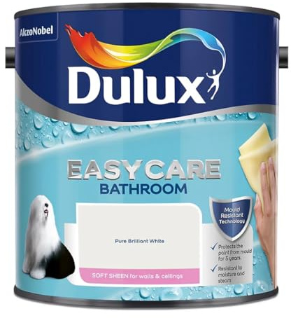 Pure Brilliant White Dulux Easycare Bathroom Soft Sheen Paint 2.5L – Moisture & Steam Resistant, Mould Protection, Washable Durable Finish for Bathroom Walls & Ceilings