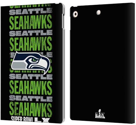 Head Case Designs Offizielle NFL Seahawks Schwarz 2026 Super Bowl LX Leder-Wallet-Hülle Kompatibel mit Apple iPad 10.2 2019/2020/2021