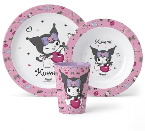 Hello Kitty Kuromi Kinder Geschirr-Set, 3-teilig, Rosa | Teller Schüssel Becher 260 ml, Sanrio Kindergeschirr, ca. 20/15 cm