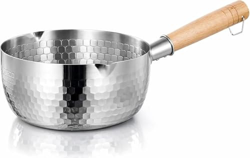 Yukihira Stainless Steel Saucepan with Wooden Handle 22cm, Japanese Milk Pan with Dual Pour Spouts, Hammered Cooking Pot for Soup, Sauces, Noodles and Milk, Induction Compatible Kitche