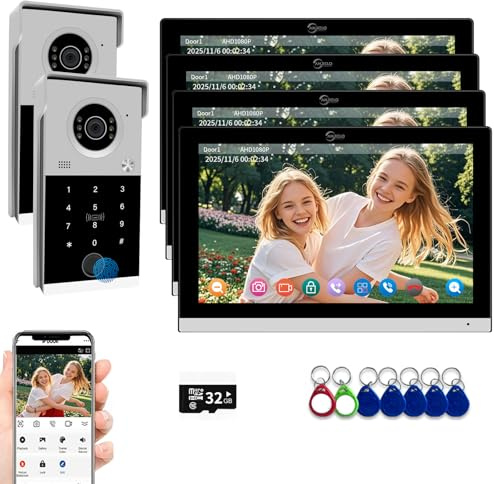 Kit videocitofono per appartamento, monitor touch da 10 pollici, campanello 1080P, sblocco password con scheda RFID e impronte digitali, 32 G (2 campanelli + 4 monitor) per casa villa