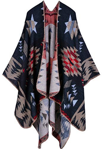 Shmily Girl - Damen Poncho Habe Gestrickt Überdimensionalen Decke Kap-Schal (Geometrische Muster/Schwarz & Kaffee)