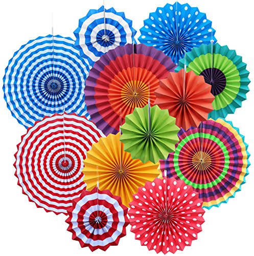 Yotako 12 Stücke Geburtstagsdeko, Wiederverwendbare Kindergeburtstag Deko, Hängende Papier Fächer Wabenbälle, Pompons Deko für Mädchen Junge, Hochzeit, Babyparty, Karneval, Fiesta Party Dekoration