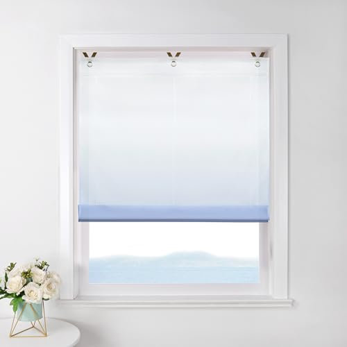 ESLIR Raffrollo ohne Bohren Raffgardine Transparent mit Ösen Farbverlauf Gardinen mit Haken Ösenrollo Modern Vorhänge Blau BxH 100x130cm 1 Stück